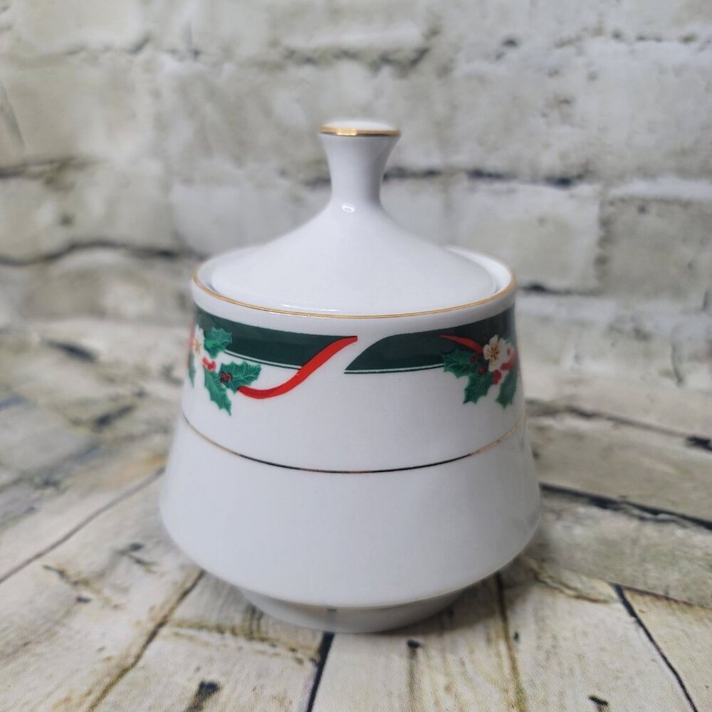 Tienshan Deck the Halls Sugar Bowl Christmas Xmas Holly Poinsettia